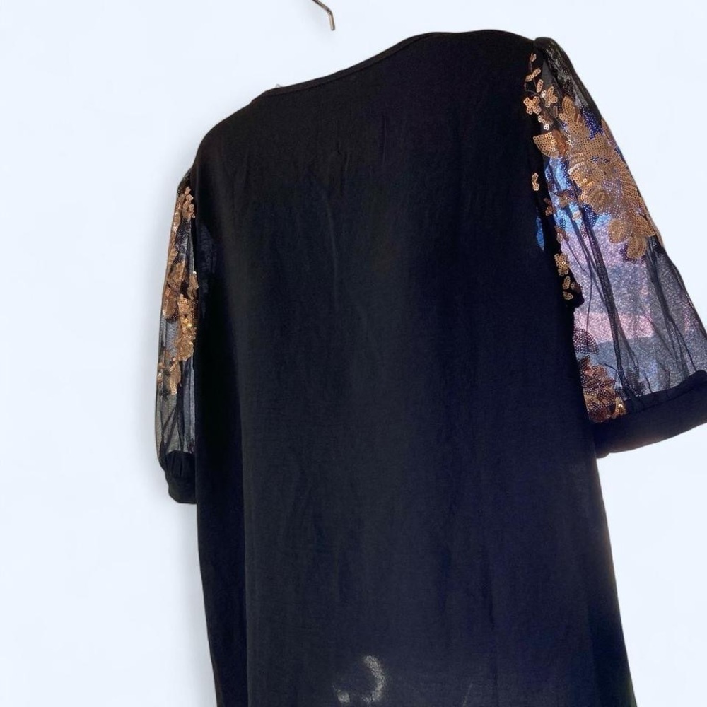 Black Short Sleeve with Gold Floral sheer sleeves Shein L